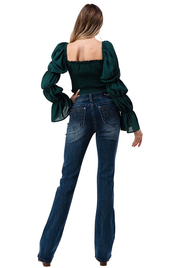Jeans vaqueros de corte bota de tiro medio con diseño azteca 3D Grace in LA para mujer