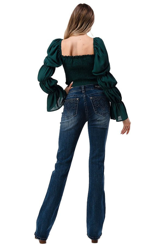 Jeans vaqueros de corte bota de tiro medio con diseño azteca 3D Grace in LA para mujer