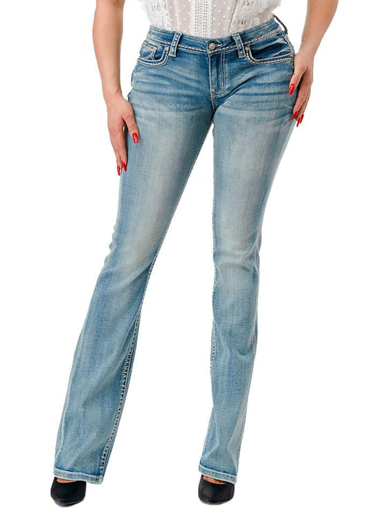 Jeans de corte de bota de tiro medio con cabeza de buey 3D Western de Grace in LA para mujer