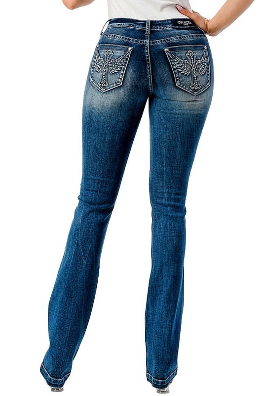 Vaqueros bootcut de tiro medio Grace in LA Western 3D Wing para mujer