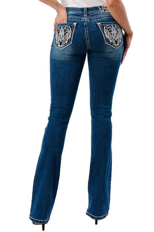 Grace in LA Vaqueros con adorno de alas de talle medio y corte de bota Western Americana para mujer
