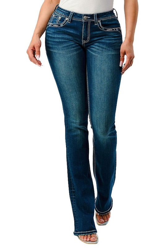Jeans de mujer Grace in LA estilo Western con bordado azteca y tiro medio, corte bootcut