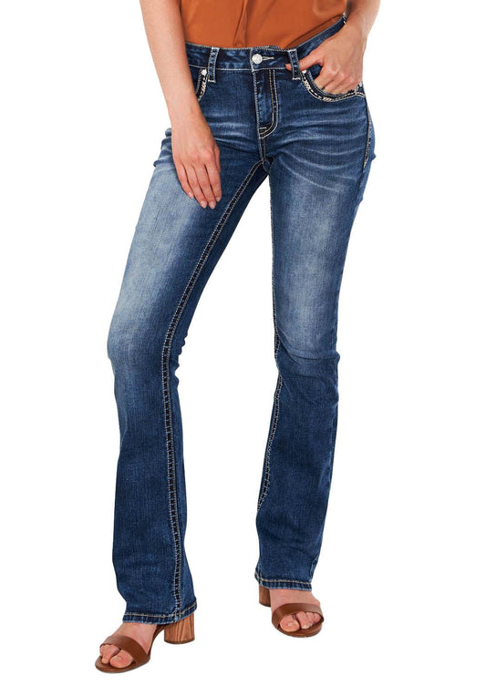 Jeans de corte de bota de tiro medio bordados con escena de cactus Western de Grace in LA para mujer