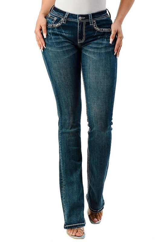 Jeans vaqueros bordados de tiro medio tipo bootcut Grace in LA para mujer