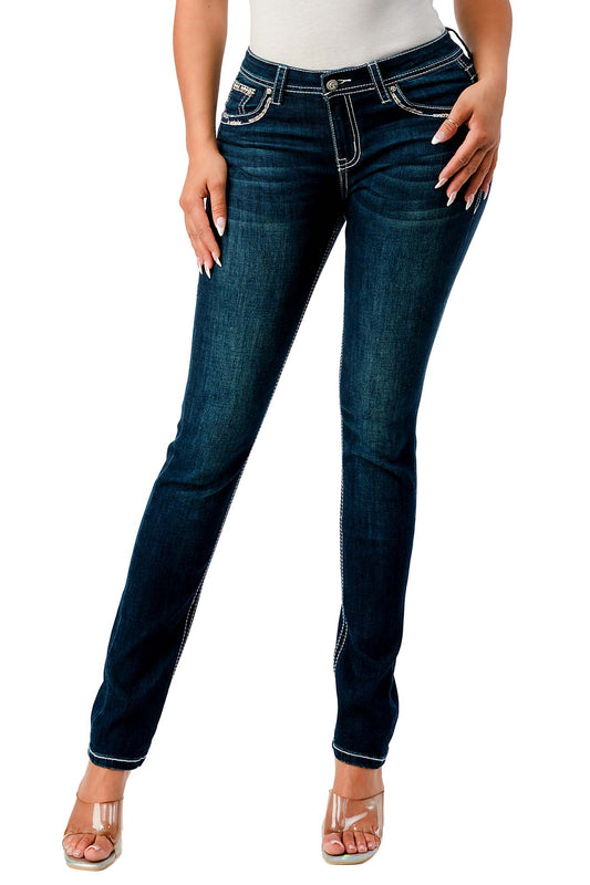 Jeans ajustados de tiro medio adornados con cabeza de toro estilo western para mujer Grace in LA