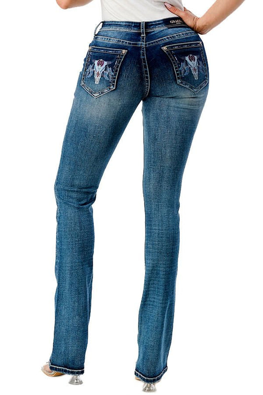 Jeans de mujer de corte de bota de tiro medio con estampado de cabeza de novillo Grace in LA Western