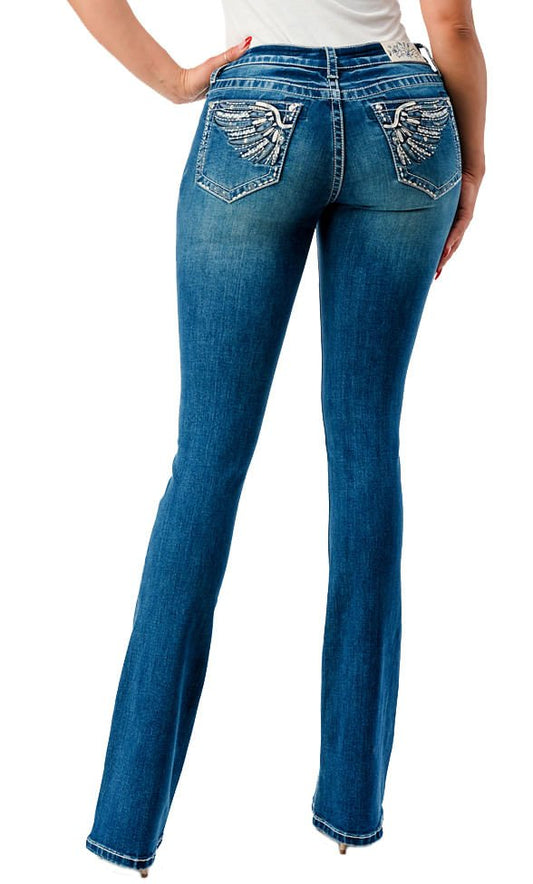 Grace in LA Jeans bootcut de tiro medio con alas bordadas para mujer