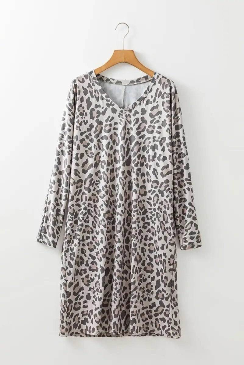 Dresses Love Salve Gray Leopard Mini Dress Women's Party Dress V-Neck Loose Fit