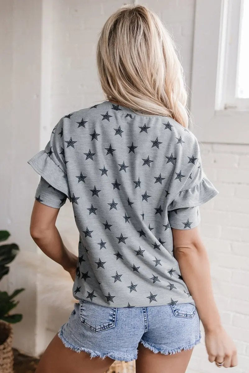 Women's T-Shirt - Gray Star Ruffled Sleeves - Summer Daily Wear