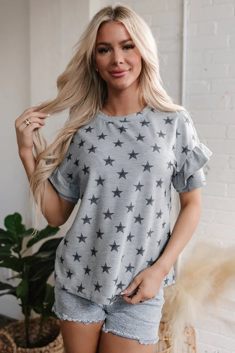 Women's T-Shirt - Gray Star Ruffled Sleeves - Summer Daily Wear