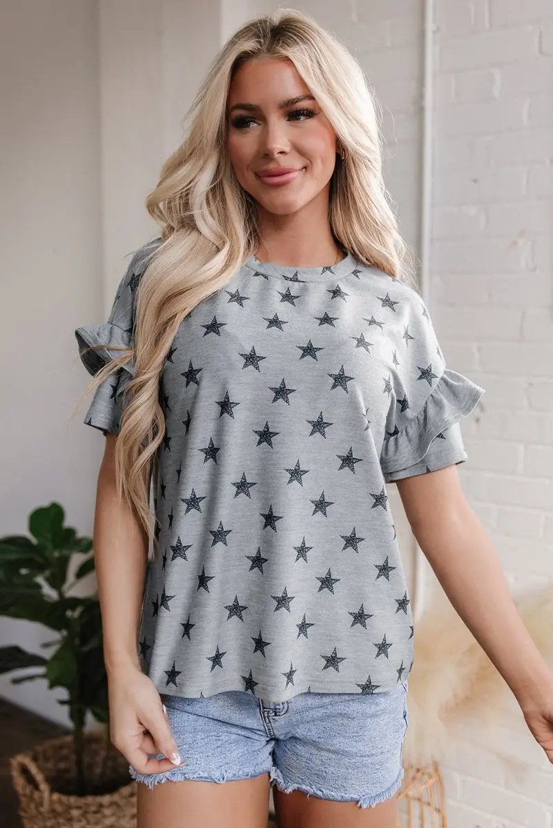 Women's T-Shirt - Gray Star Ruffled Sleeves - Summer Daily Wear