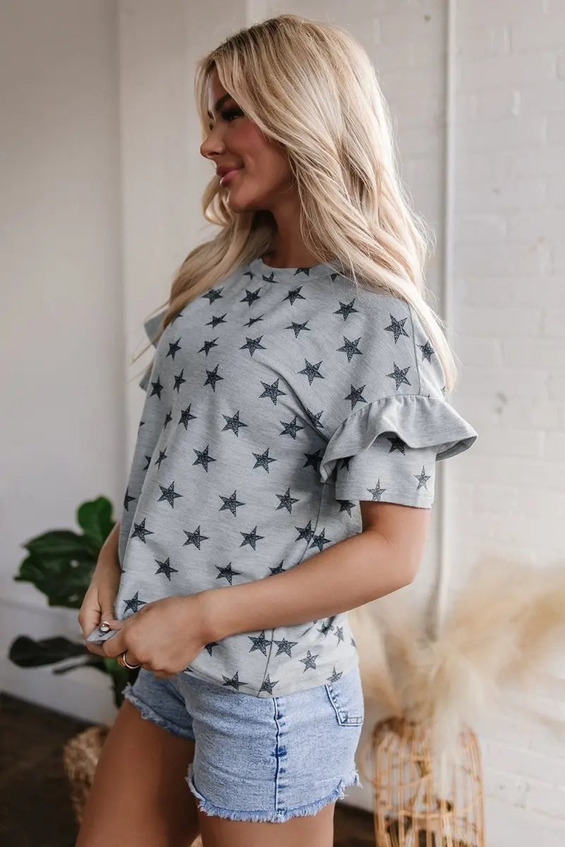 Women's T-Shirt - Gray Star Ruffled Sleeves - Summer Daily Wear