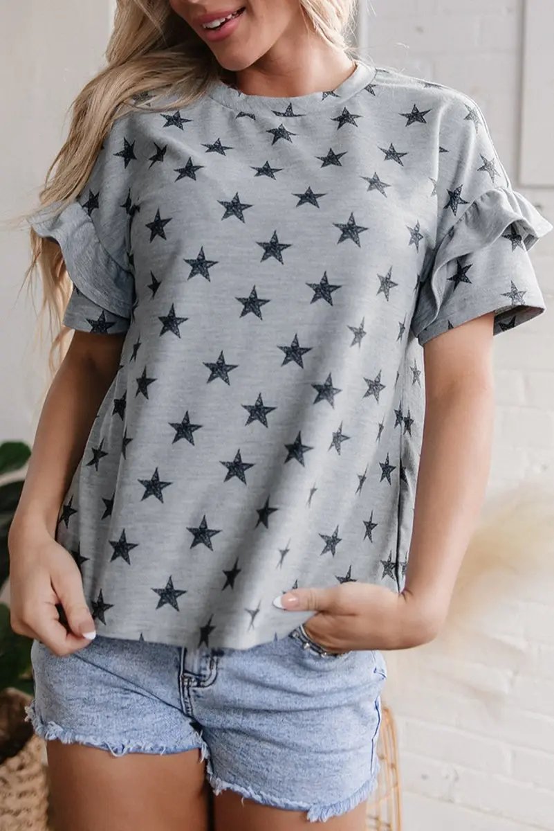 Women's T-Shirt - Gray Star Ruffled Sleeves - Summer Daily Wear