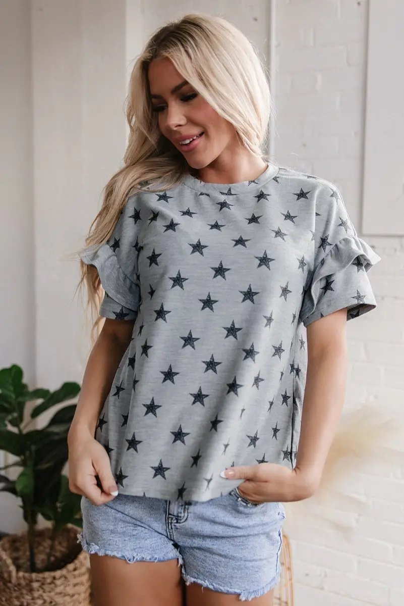 Women's T-Shirt - Gray Star Ruffled Sleeves - Summer Daily Wear