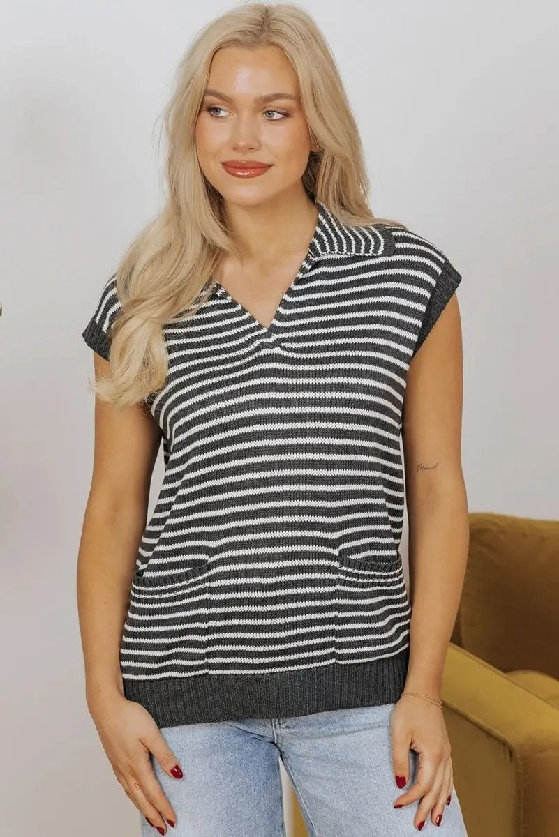 Sweaters Love Salve Gray Stripe Women's Layering Vest Casual Sweater Vest with Pockets