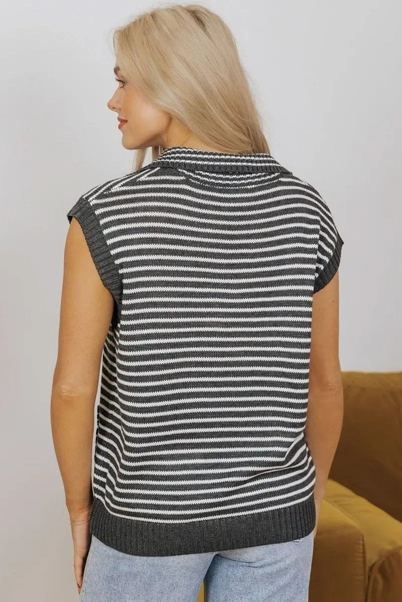 Sweaters Love Salve Gray Stripe Women's Layering Vest Casual Sweater Vest with Pockets