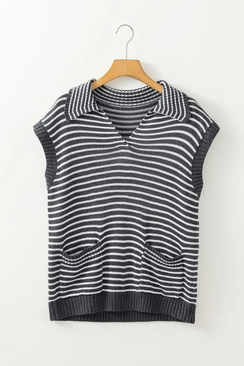 Sweaters Love Salve Gray Stripe Women's Layering Vest Casual Sweater Vest with Pockets