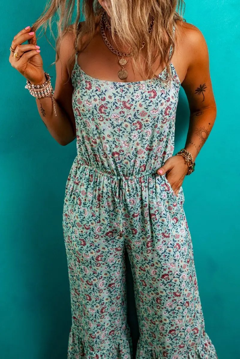 Bottoms/Jumpsuits & Rompers Love Salve Green Floral Jumpsuit Women's Vacation Bohemian Wide Leg Summer Romper