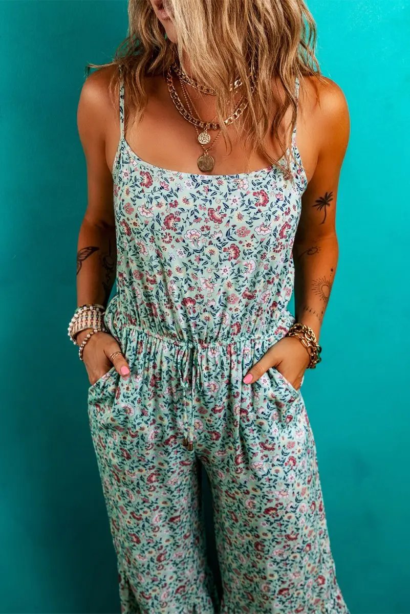 Bottoms/Jumpsuits & Rompers Love Salve Green Floral Jumpsuit Women's Vacation Bohemian Wide Leg Summer Romper