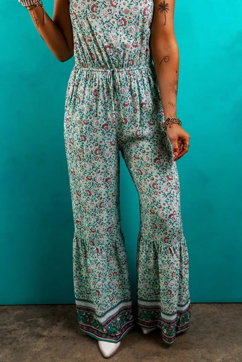 Bottoms/Jumpsuits & Rompers Love Salve Green Floral Jumpsuit Women's Vacation Bohemian Wide Leg Summer Romper