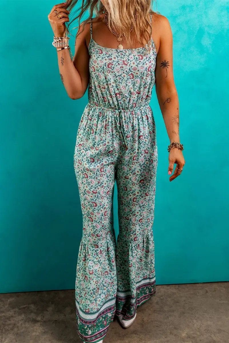 Bottoms/Jumpsuits & Rompers Love Salve Green Floral Jumpsuit Women's Vacation Bohemian Wide Leg Summer Romper