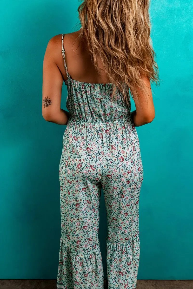 Bottoms/Jumpsuits & Rompers Love Salve Green Floral Jumpsuit Women's Vacation Bohemian Wide Leg Summer Romper