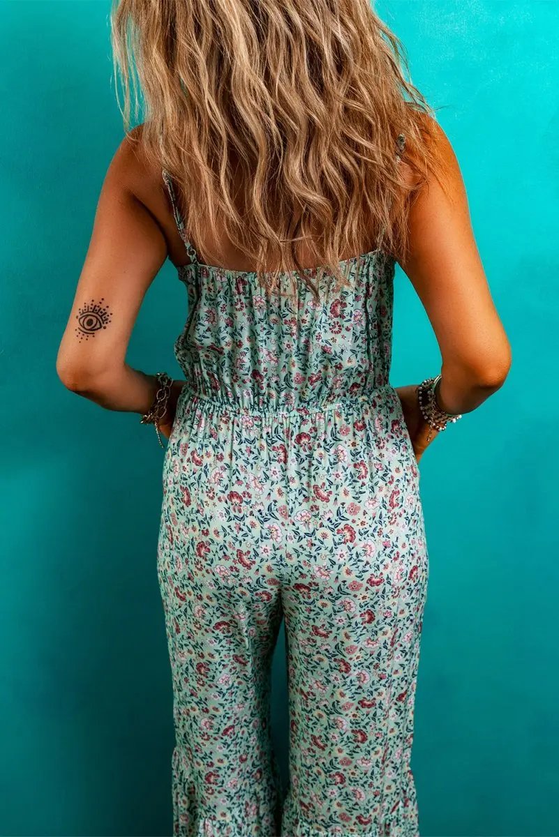Bottoms/Jumpsuits & Rompers Love Salve Green Floral Jumpsuit Women's Vacation Bohemian Wide Leg Summer Romper