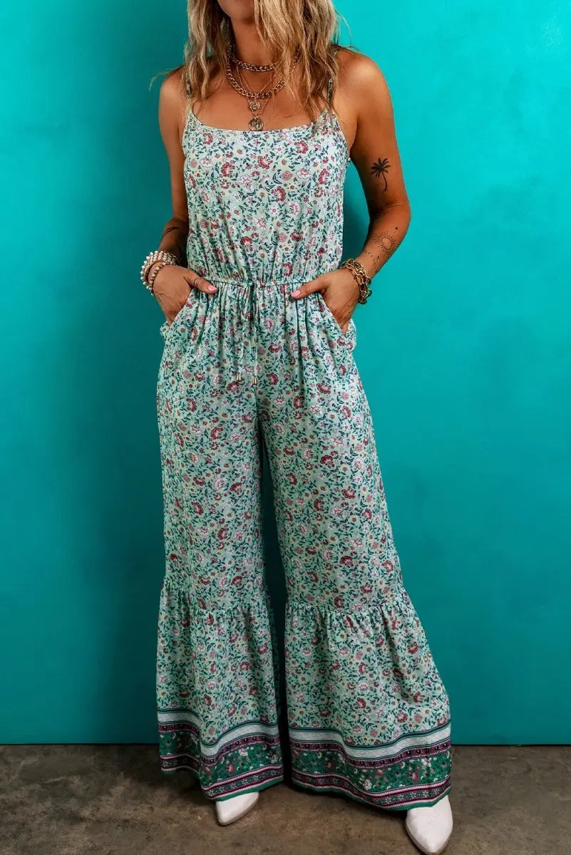 Bottoms/Jumpsuits & Rompers Love Salve Green Floral Jumpsuit Women's Vacation Bohemian Wide Leg Summer Romper