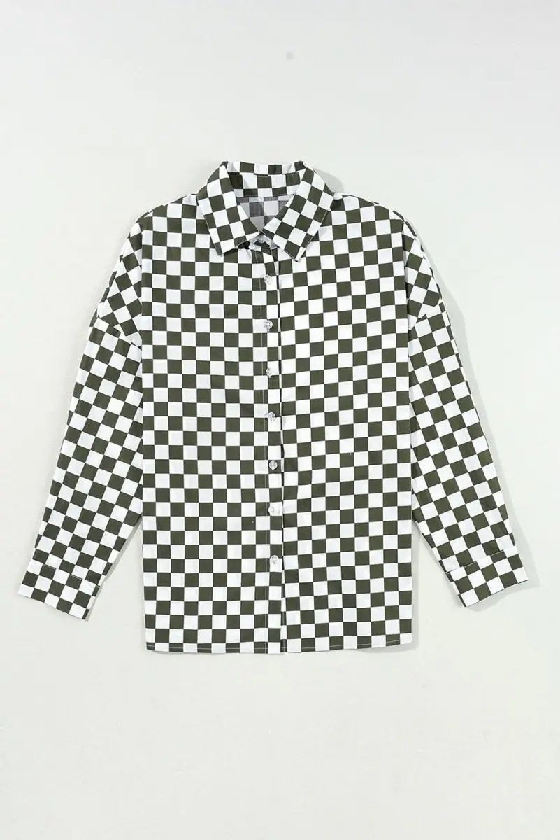 Accessories Love Salve Green Checkered Women's Casual Shirt Spring Style Loose Fit Top