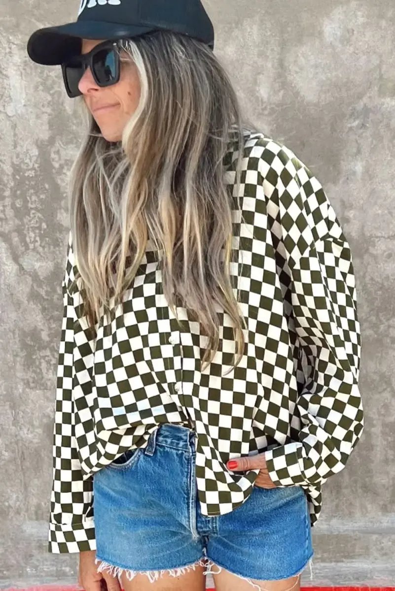 Accessories Love Salve Green Checkered Women's Casual Shirt Spring Style Loose Fit Top