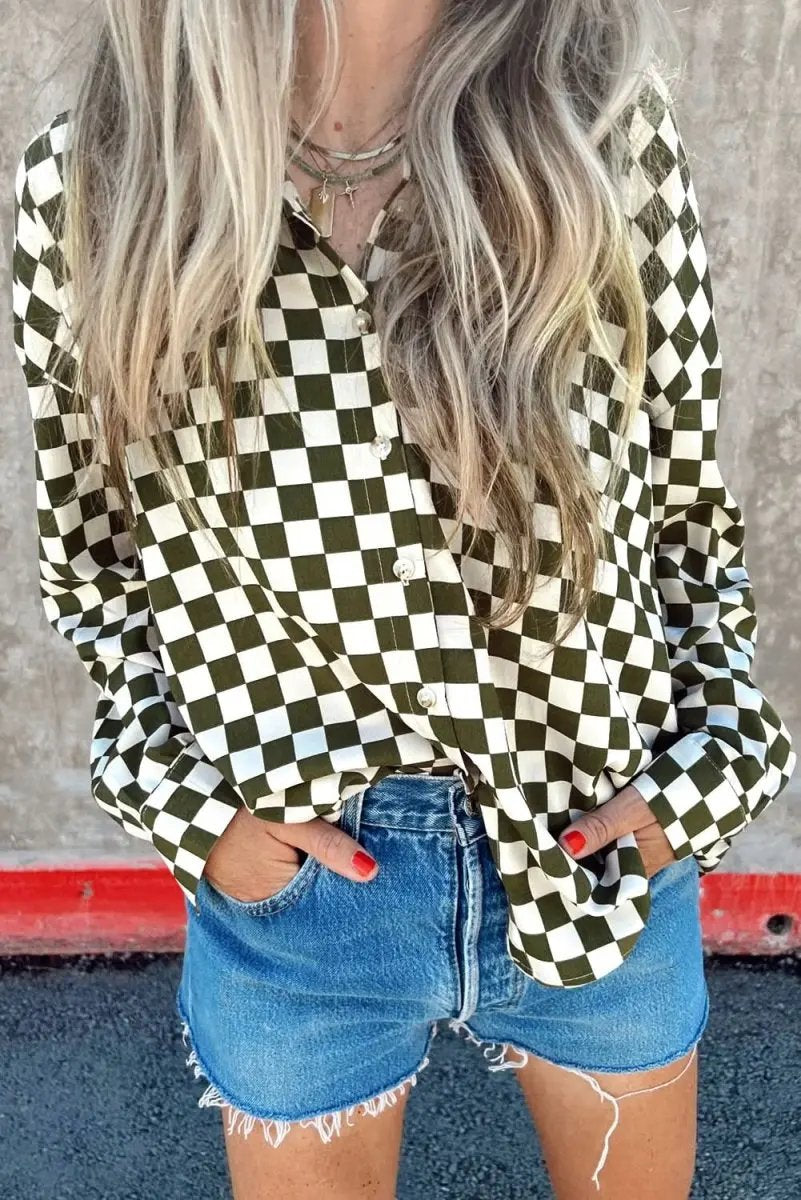 Accessories Love Salve Green Checkered Women's Casual Shirt Spring Style Loose Fit Top
