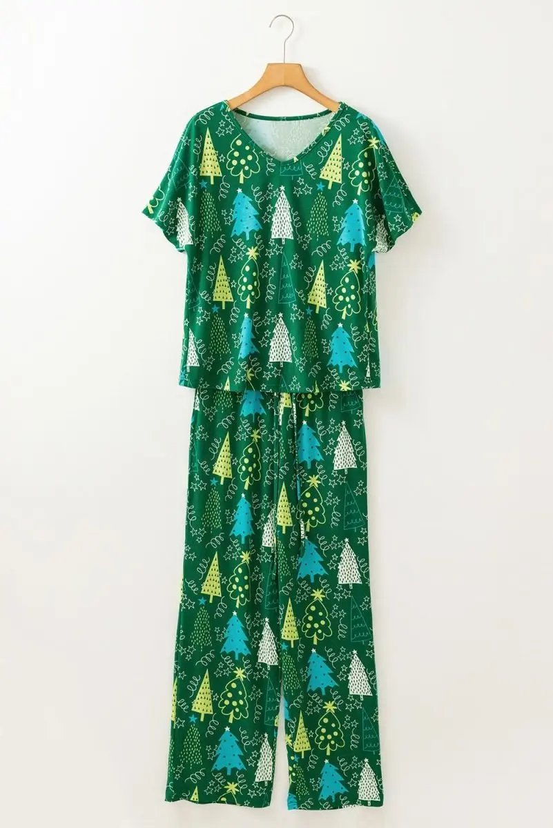 Pants Love Salve Green Christmas Print Women's Loungewear Set Comfy Pajama Set