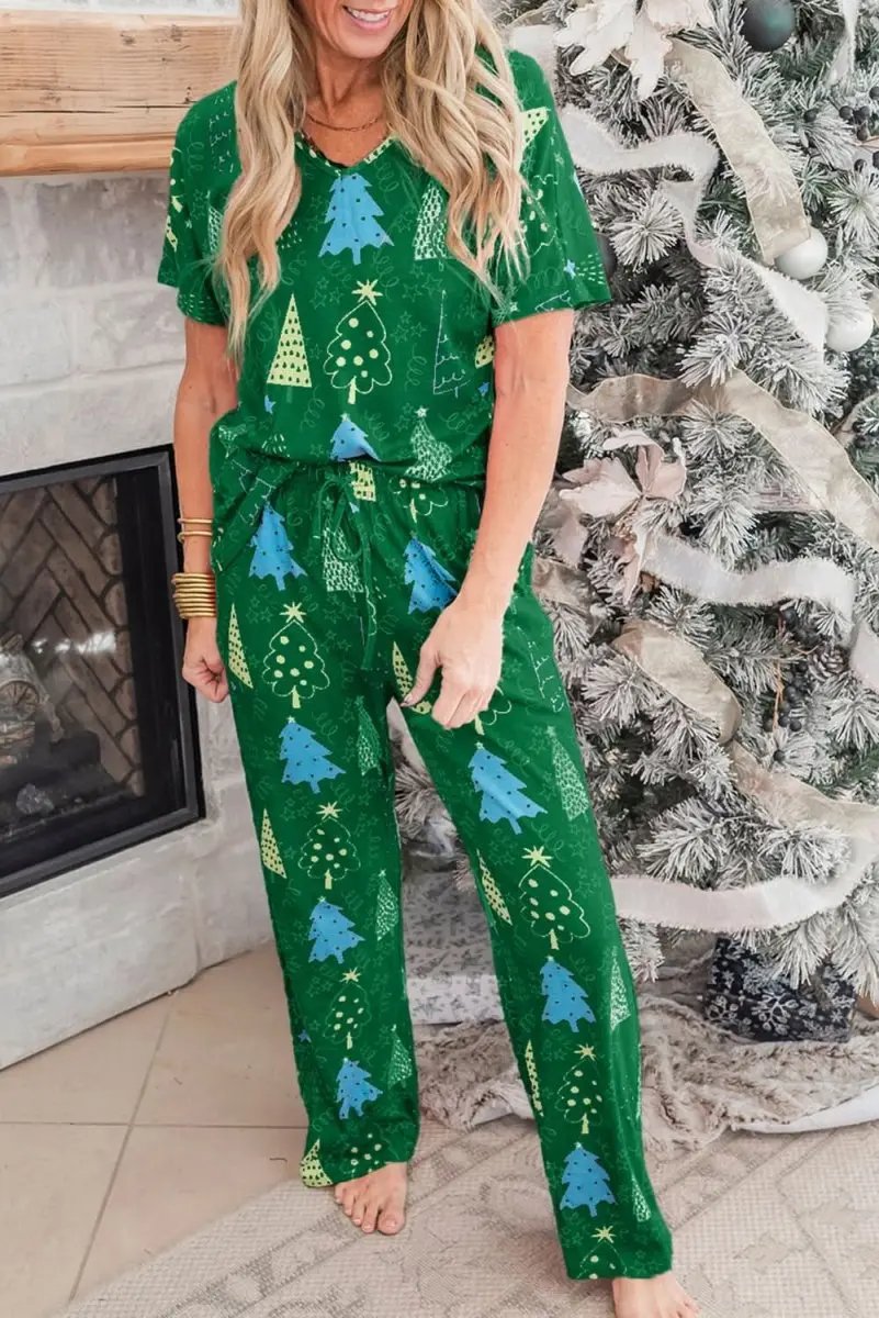 Pants Love Salve Green Christmas Print Women's Loungewear Set Comfy Pajama Set