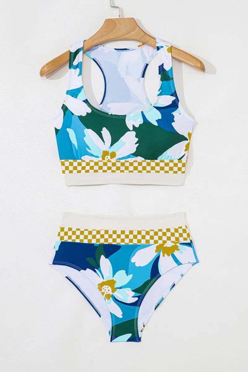 Accessories Love Salve Green Floral Bikini Women's Vacation Swimsuit Set - Cutout, High Waist