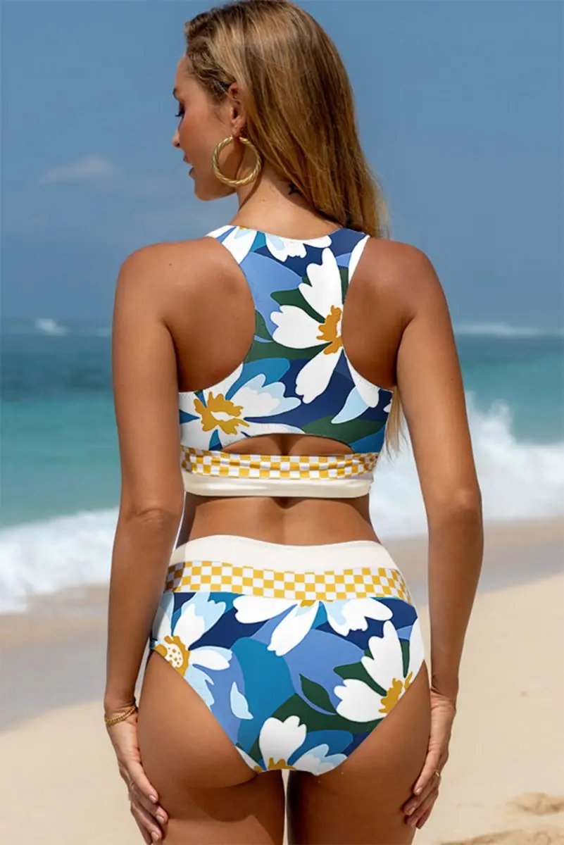 Accessories Love Salve Green Floral Bikini Women's Vacation Swimsuit Set - Cutout, High Waist