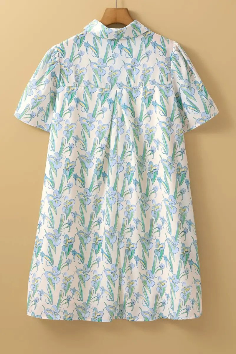 Women's Shift Dress - Green Floral Buttoned - Summer Daily Wear