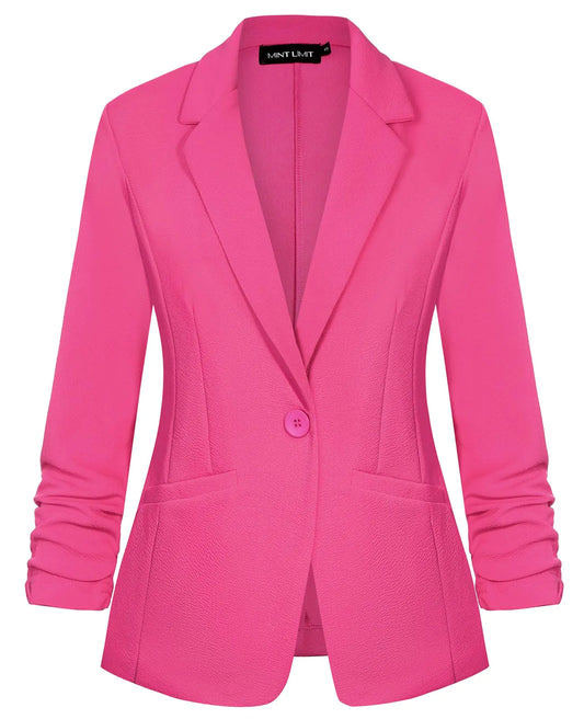 MINTLIMIT Womens Casual Pink Blazer 3/4 Stretchy Ruched Sleeve Suits Jacket Dressy Lapel Open Front Blazer Suit Formal Work OfficeS