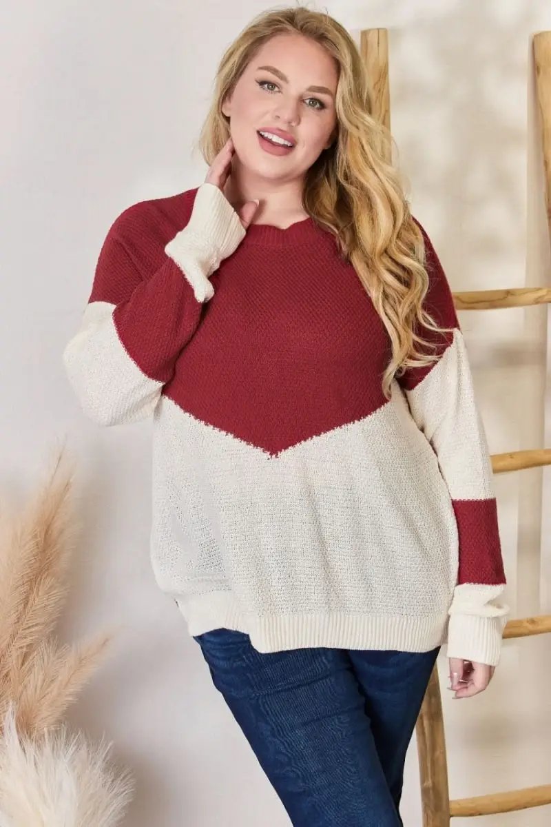 Sweaters Lovesalve WS Hailey & Co Color Block Women's Knit Top Trendy Dropped Shoulder Sweater