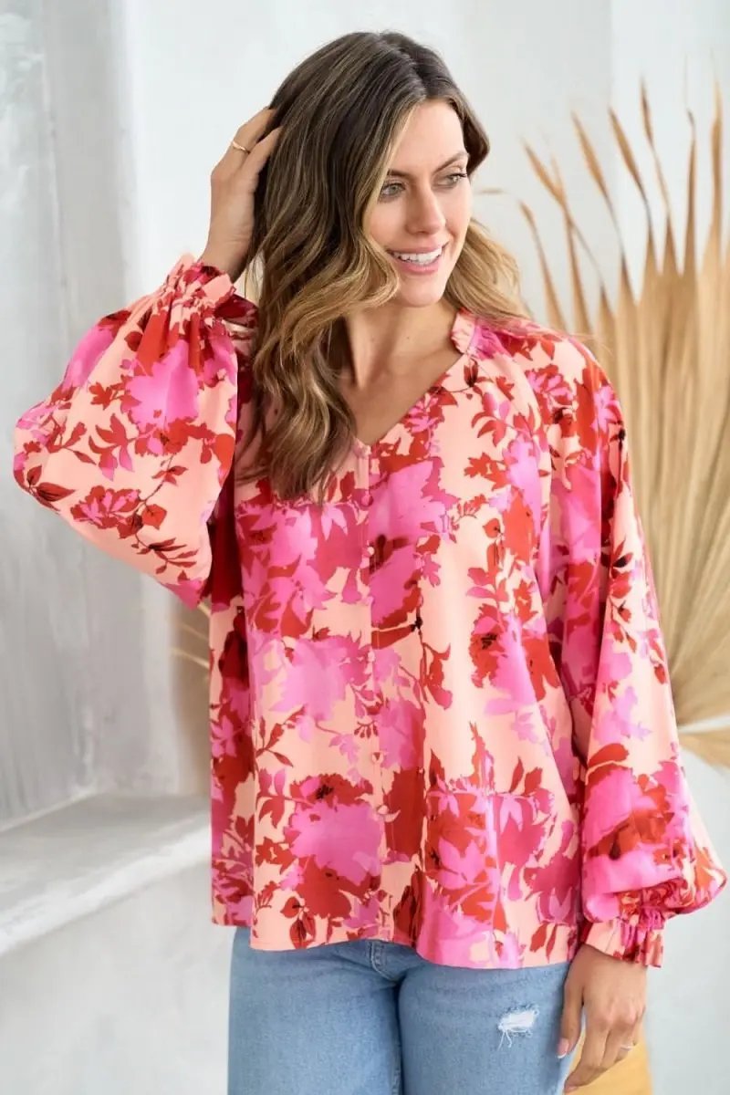 Accessories Trendsi Ruffle Floral Blouse Women's Casual V-Neck Top USA Shipped