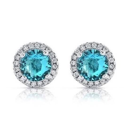 Halo Cz Aquamarine Stud Earrings White Sterling Silver Filled High Polish Finish
