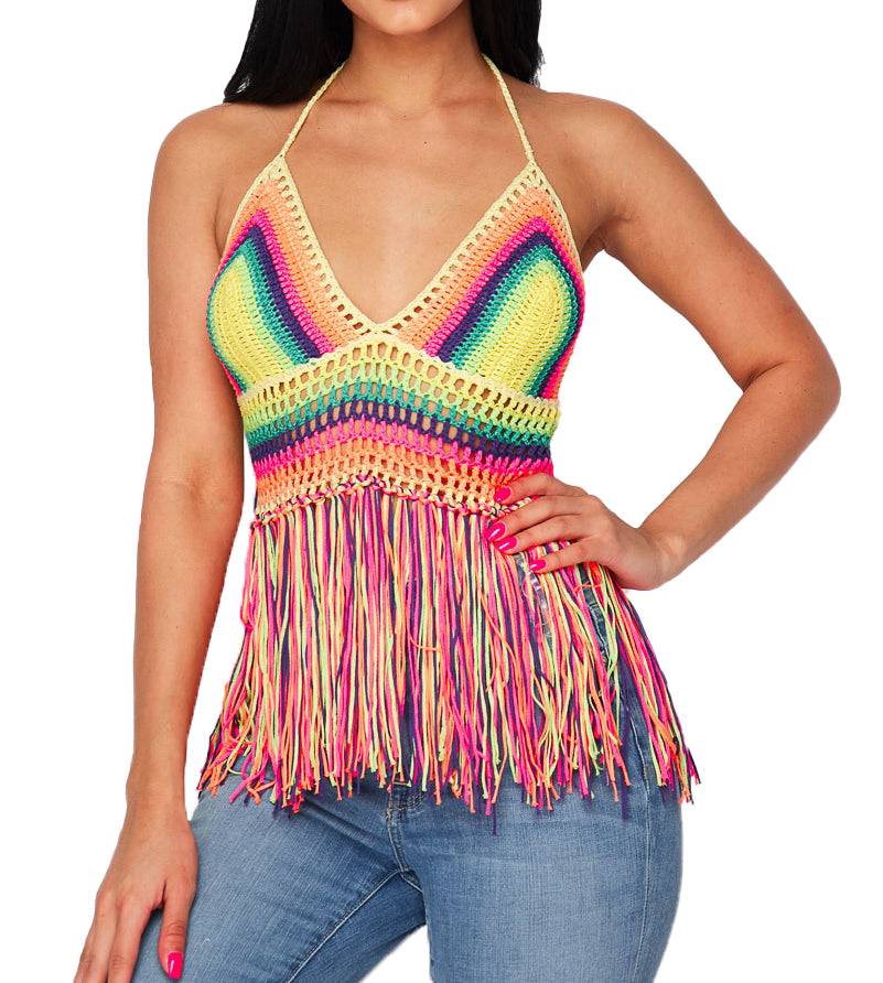 Top halter de ganchillo con flecos