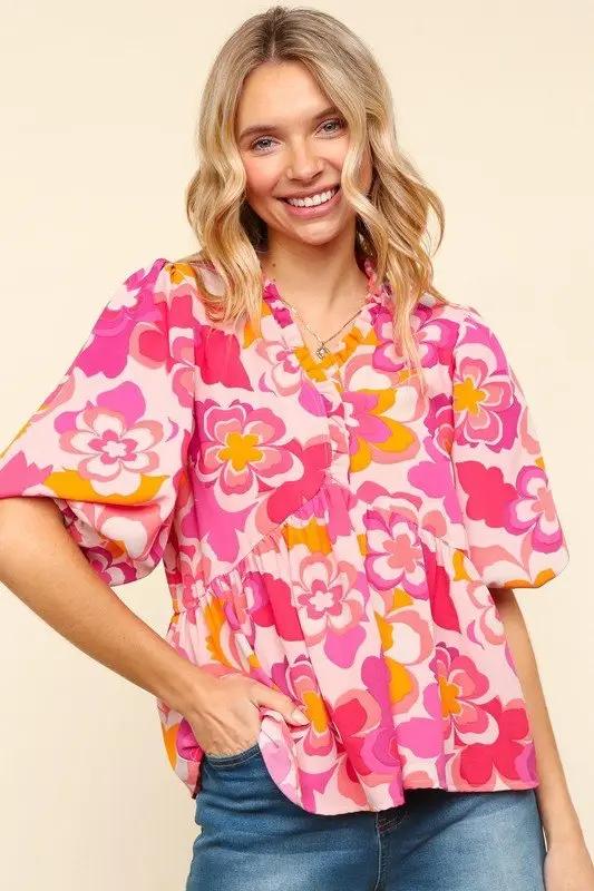 Accessories Trendsi Floral Puff Sleeve Blouse Women's Casual Top - Haptics Shirt, Frill Detail