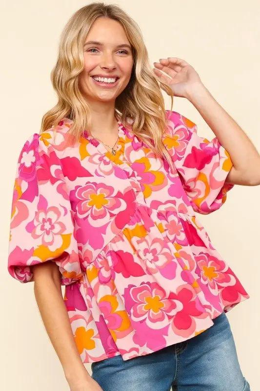 Accessories Trendsi Floral Puff Sleeve Blouse Women's Casual Top - Haptics Shirt, Frill Detail