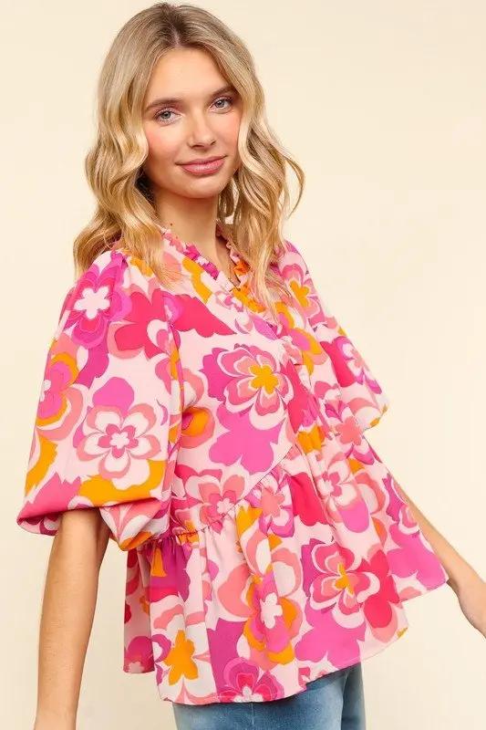 Accessories Trendsi Floral Puff Sleeve Blouse Women's Casual Top - Haptics Shirt, Frill Detail