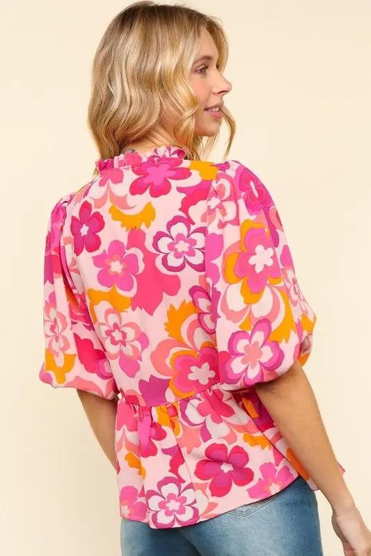 Accessories Trendsi Floral Puff Sleeve Blouse Women's Casual Top - Haptics Shirt, Frill Detail