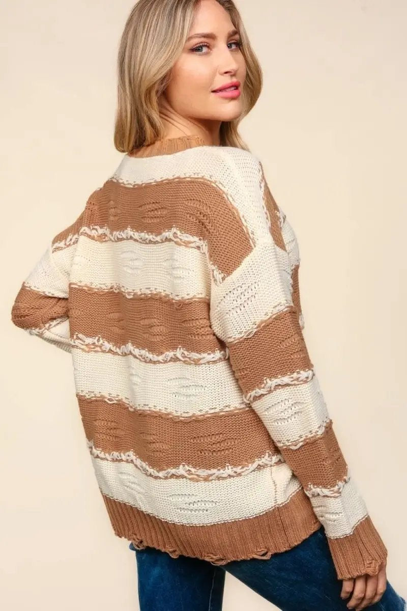 Sweaters Trendsi Striped Sweater Women's Casual Knit Top Distressed Detail USA Ship