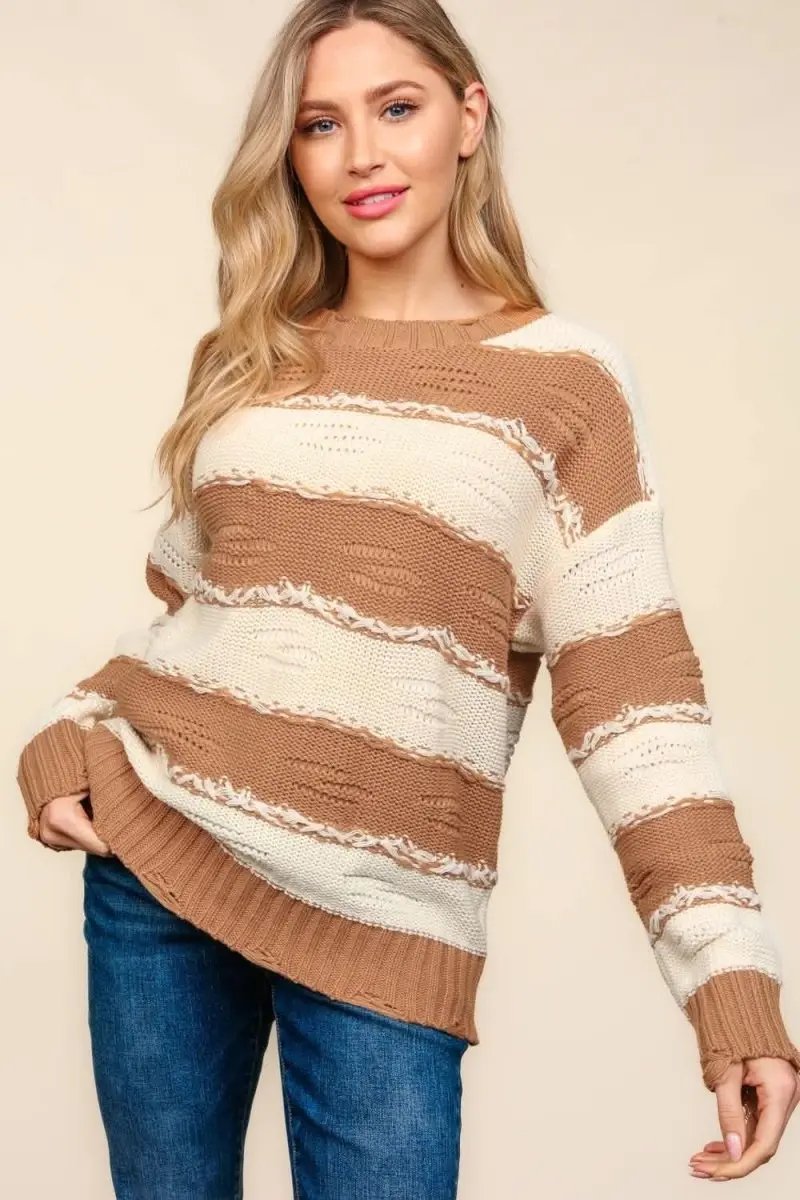 Sweaters Trendsi Striped Sweater Women's Casual Knit Top Distressed Detail USA Ship
