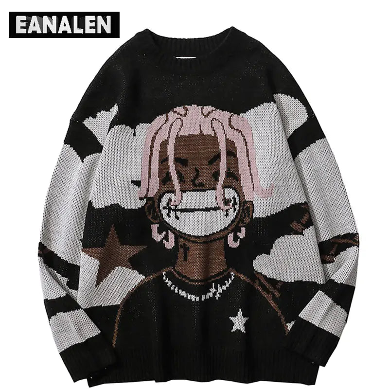 Harajuku vintage cartoon anime knitted sweater men winter oversized - # BOAA13510009