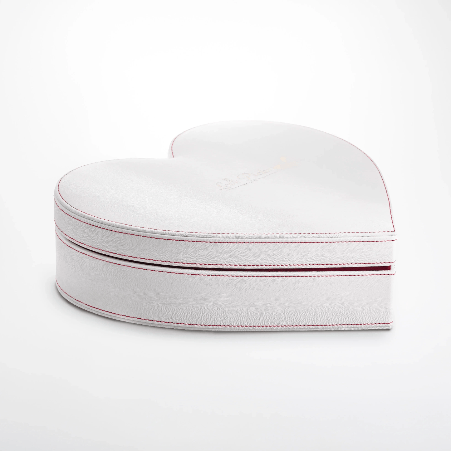 New Engraved 3 Gold Dipped Roses 7" - White Leather Crimson Red Velvet Heart-Shaped box