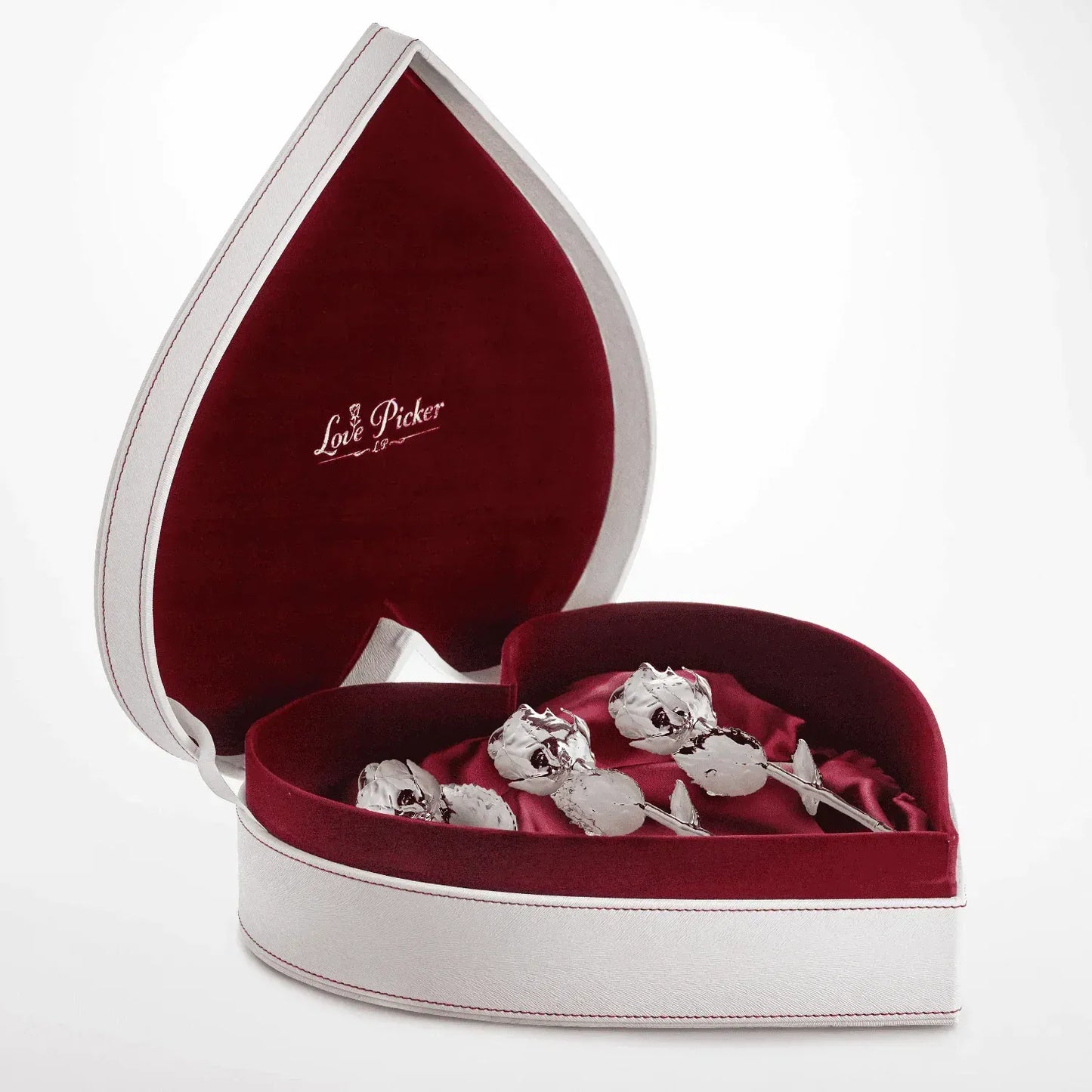 NEW - 3 Gold Dipped Roses 7" - Crimson Velvet Heart Shaped Leather Box